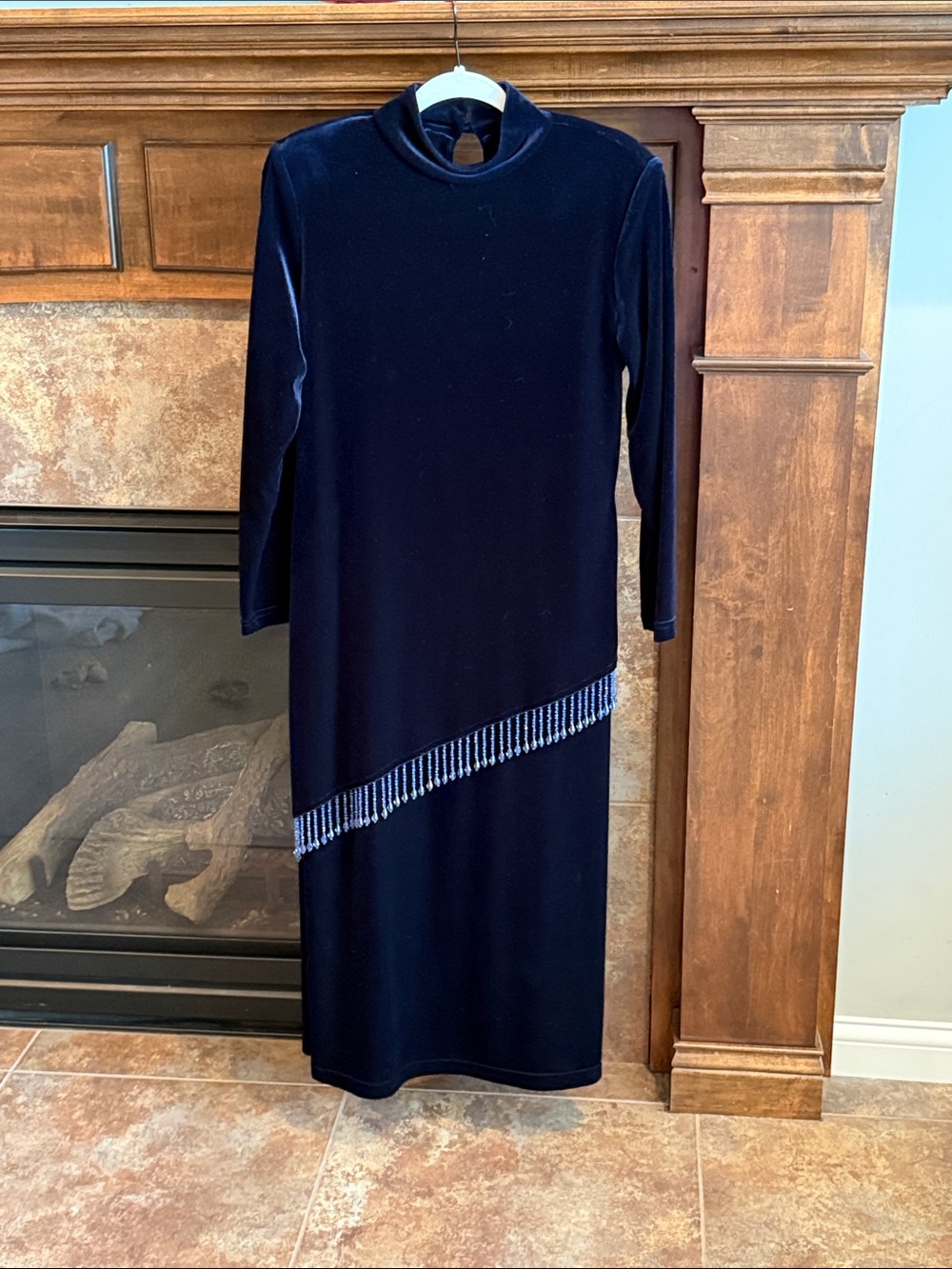 Vintage 90s Bedford Fair Navy Velvet Maxi Dress Beaded Fringe Asymmetrical M/L